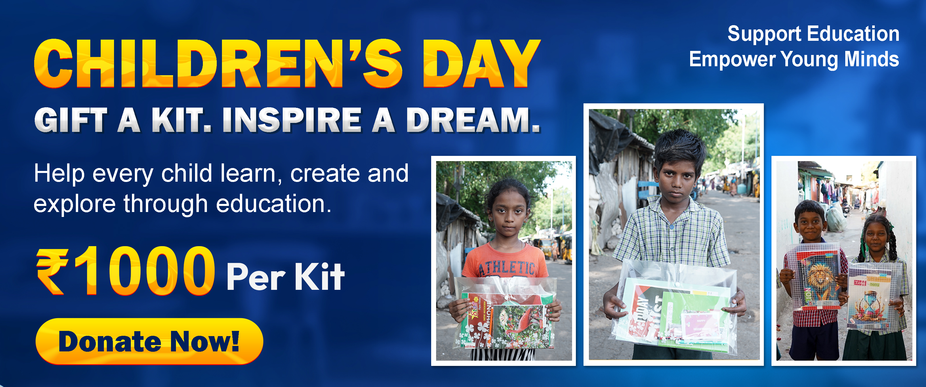 Children's Day educational kits for homeless children, ₹1,000 per kit