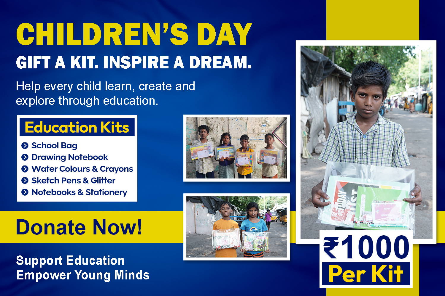 Children's Day - empowering futures through educational kits, Rs.1000 per kit