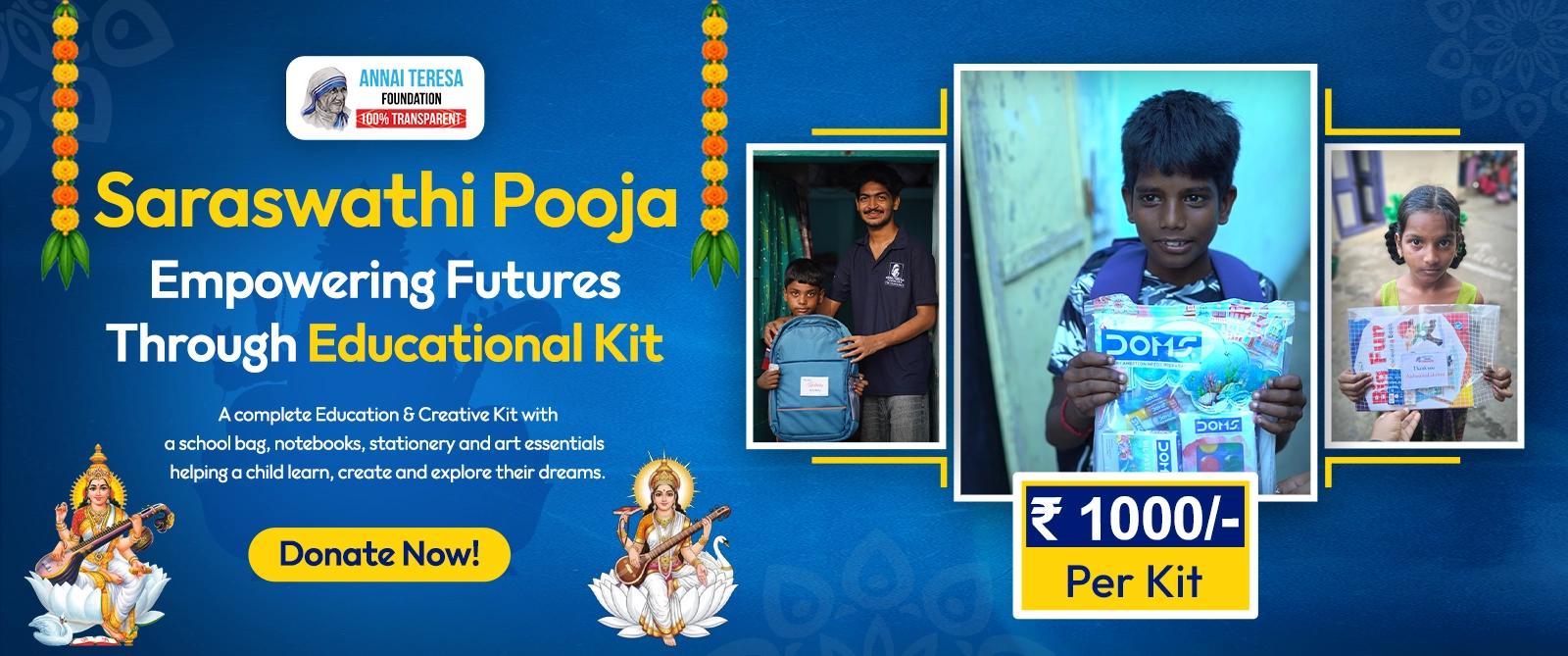 Saraswathi Pooja - educational kits for homeless children, Rs.1000 per kit